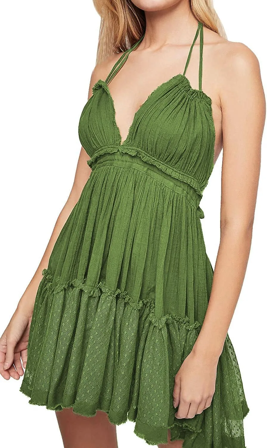 ForeMode Summer Deep V Neck Bohemian Women Mini Short Dress Backless Beach Boho Dress