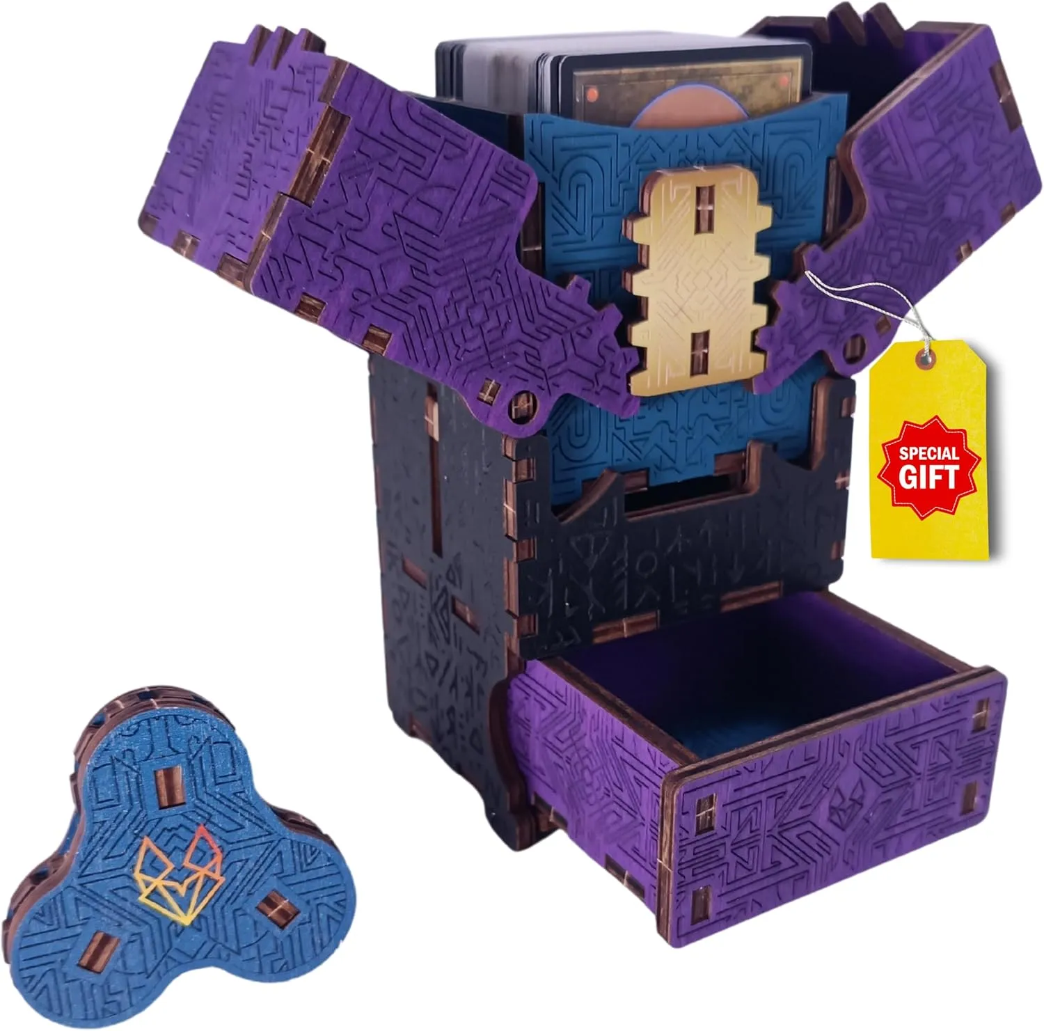 FOXBITE Card Deck Case for Trading Cards, Wood Puzzle Commander Storage Box Magic Card Protectors Fit for YuGiOh, MTG and dnd Cards Life Tracker