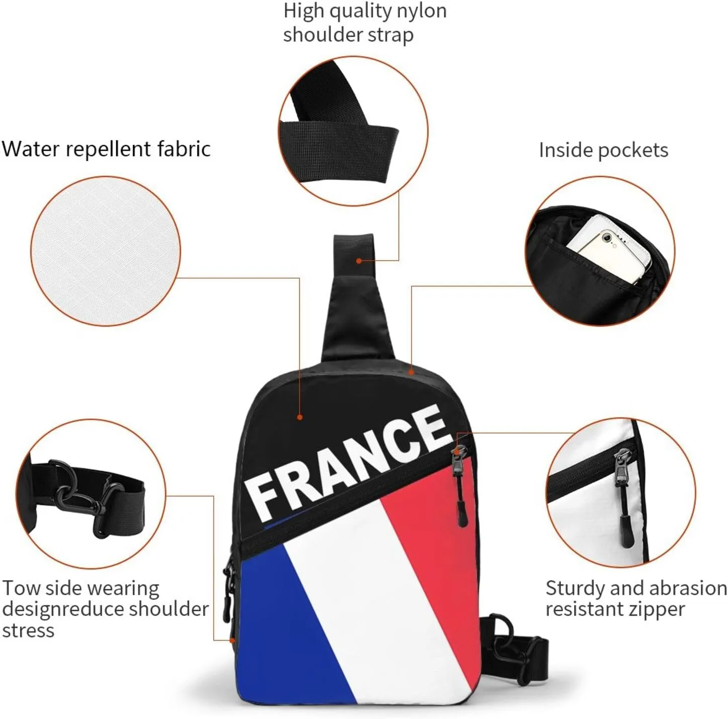 French Flag Packable Crossbody Bag Portable Sling Bags Foldable Travel Daypack Reusable Sports Shoulder Backpack Diagonally Chest Bag for Workout