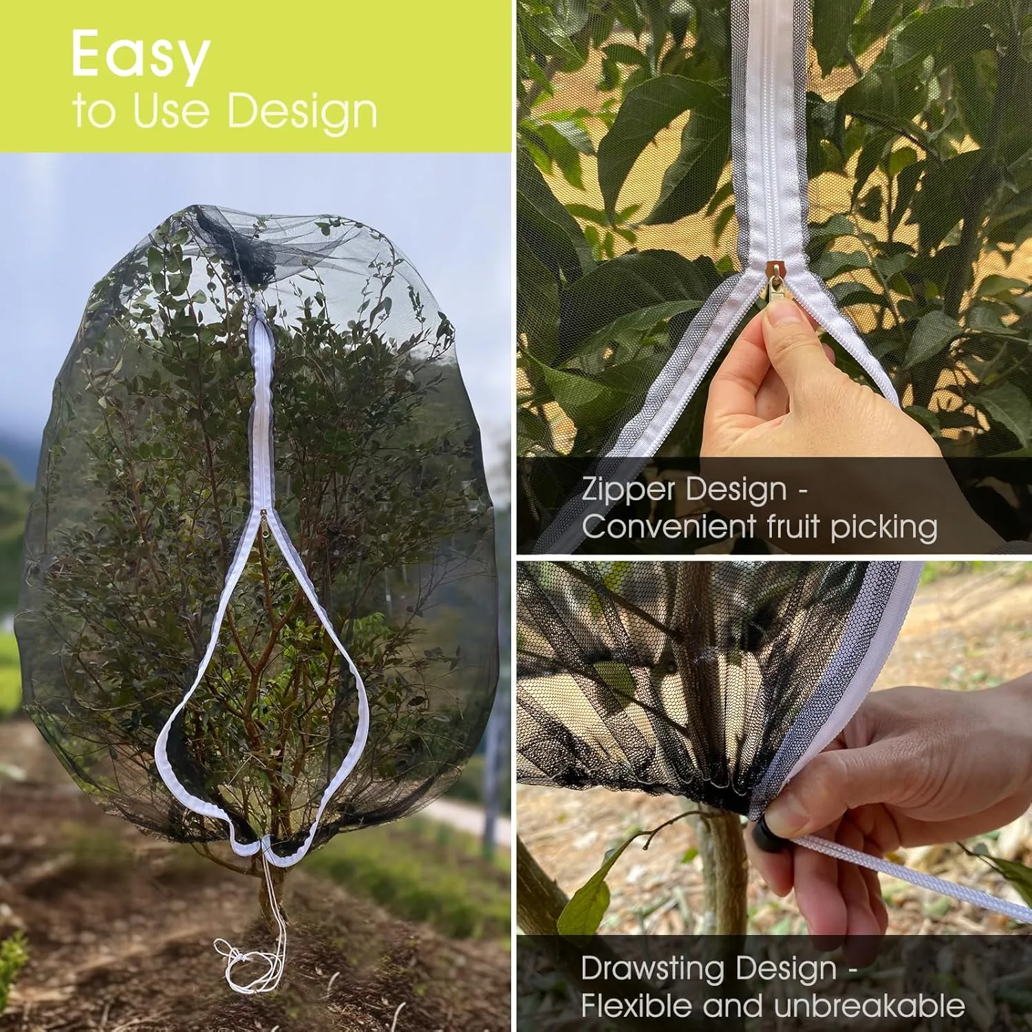 Fruit Tree Netting, RIFNY Large 3.9 x 3.3 FT Blueberry Bush Netting Cover with Zipper Drawstring, Outdoor Mosquito Net Garden Netting Protector Plant from Birds Cicadas Animals Insect (2 PCS, Black)