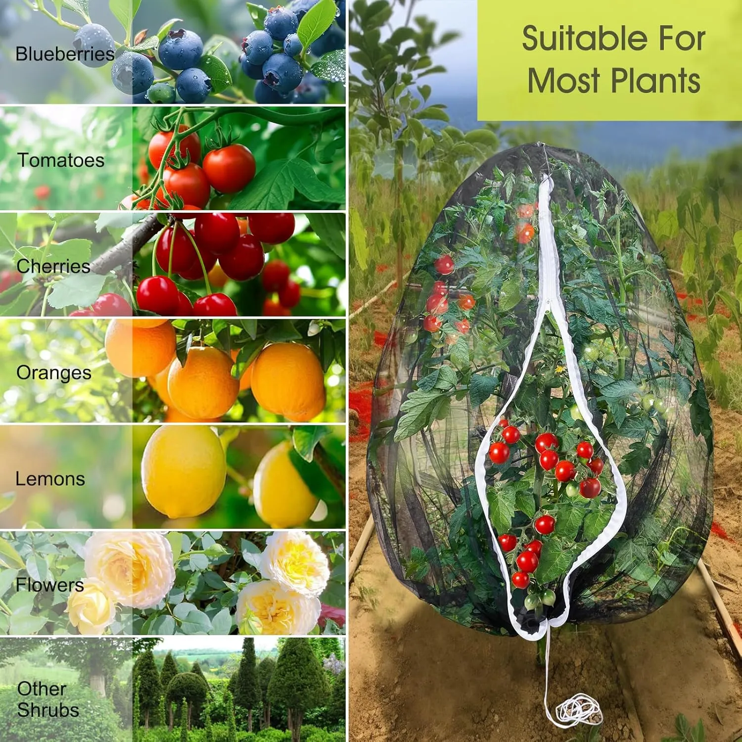Fruit Tree Netting, RIFNY Large 3.9 x 3.3 FT Blueberry Bush Netting Cover with Zipper Drawstring, Outdoor Mosquito Net Garden Netting Protector Plant from Birds Cicadas Animals Insect (2 PCS, Black)