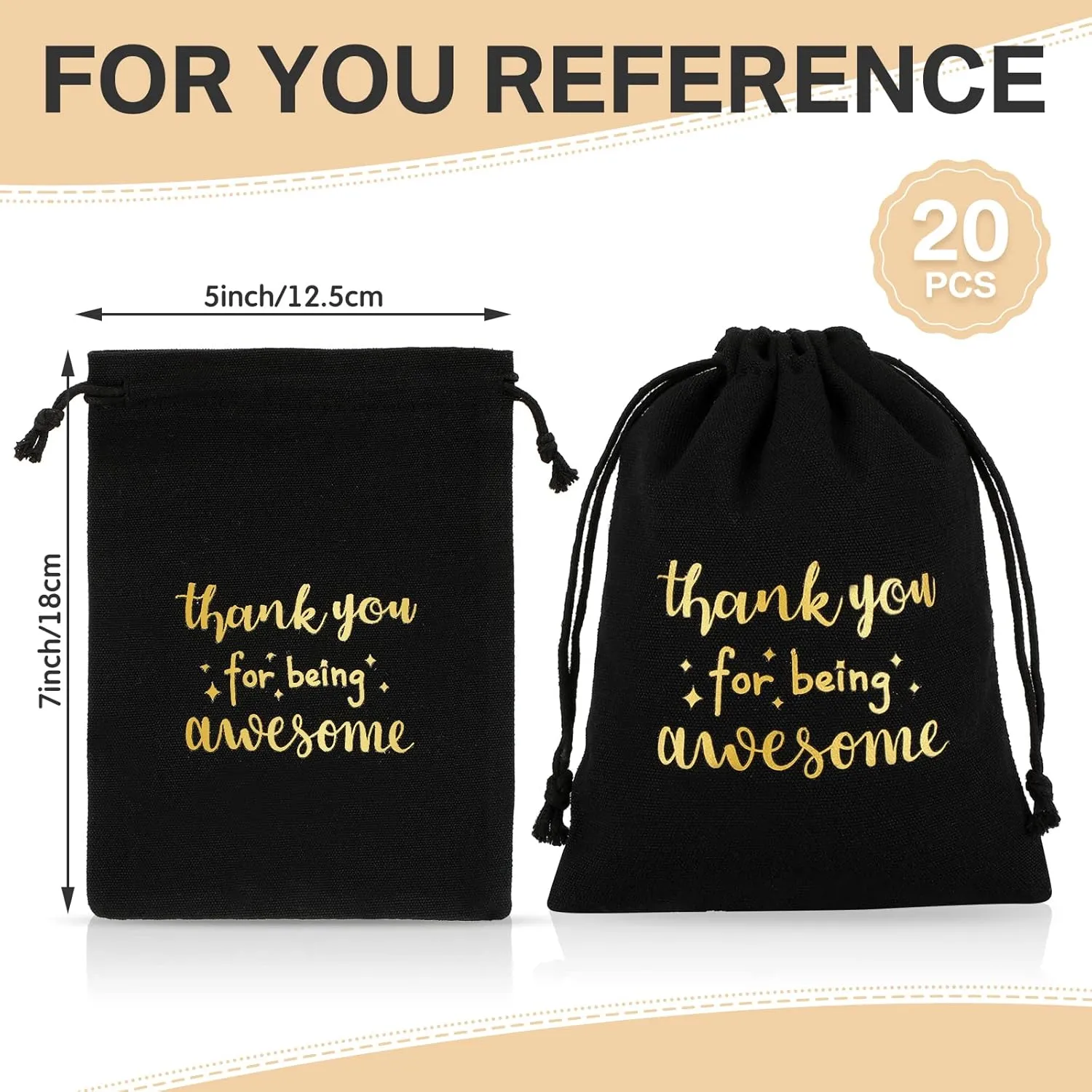 Fumete 20 Pcs Gift Drawstring Bags for Employee Coworker Colleague, Thank You for Being Awesome Bags, Thank You Gift for Employee Coworker Appreciation(5 x 7 Inch,Black & Gold)