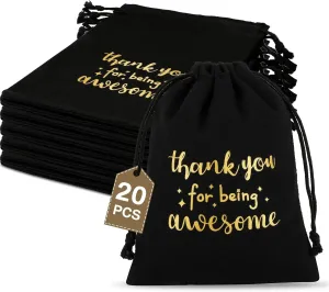 Fumete 20 Pcs Gift Drawstring Bags for Employee Coworker Colleague, Thank You for Being Awesome Bags, Thank You Gift for Employee Coworker Appreciation(5 x 7 Inch,Black & Gold)