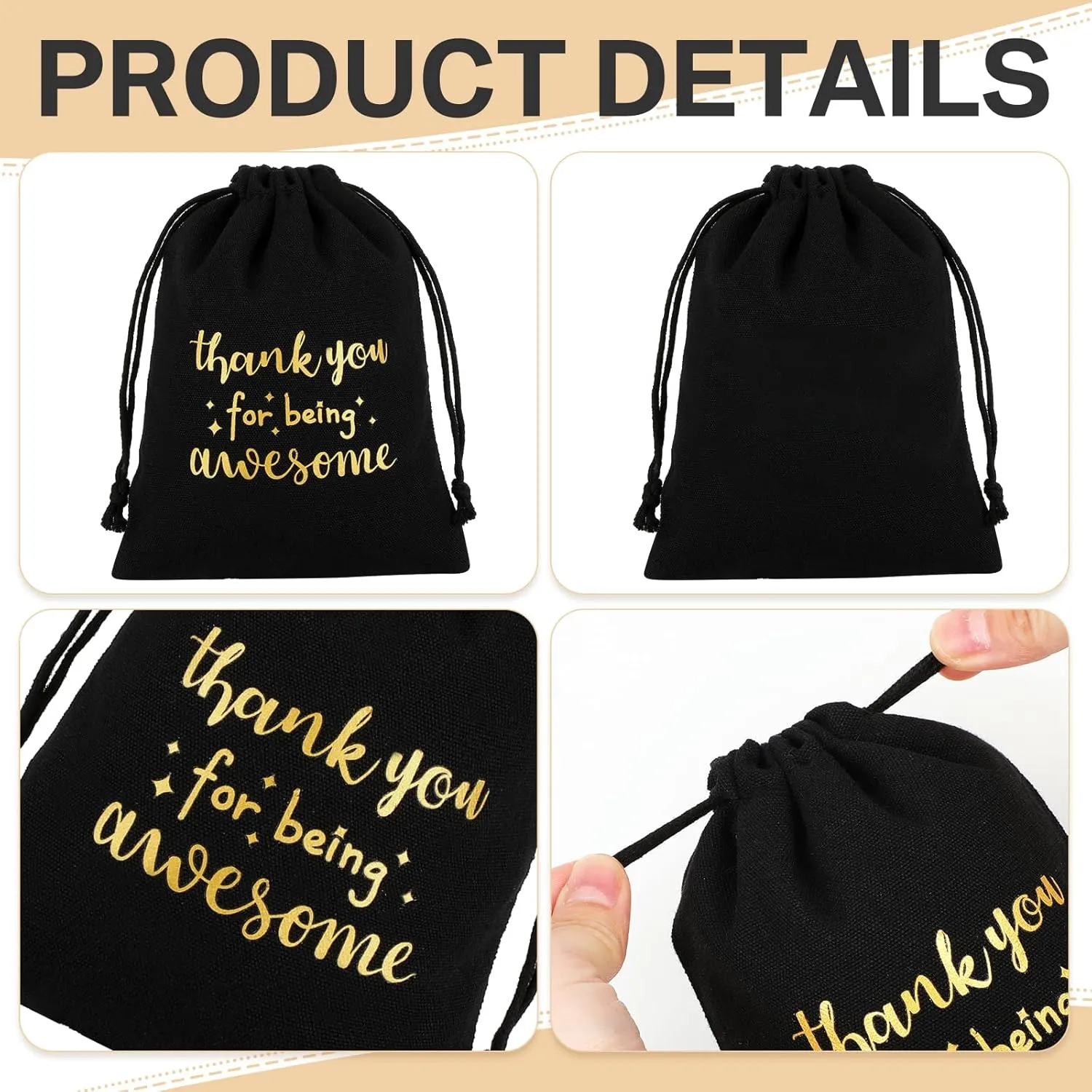 Fumete 20 Pcs Gift Drawstring Bags for Employee Coworker Colleague, Thank You for Being Awesome Bags, Thank You Gift for Employee Coworker Appreciation(5 x 7 Inch,Black & Gold)