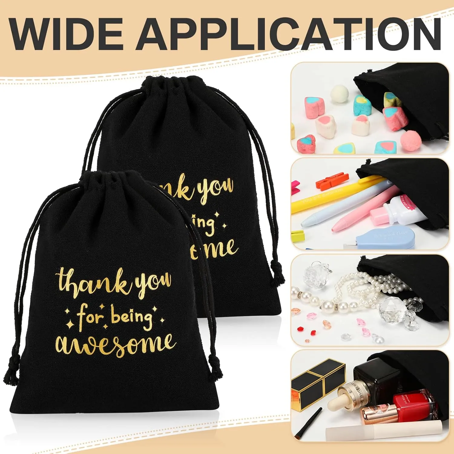 Fumete 20 Pcs Gift Drawstring Bags for Employee Coworker Colleague, Thank You for Being Awesome Bags, Thank You Gift for Employee Coworker Appreciation(5 x 7 Inch,Black & Gold)