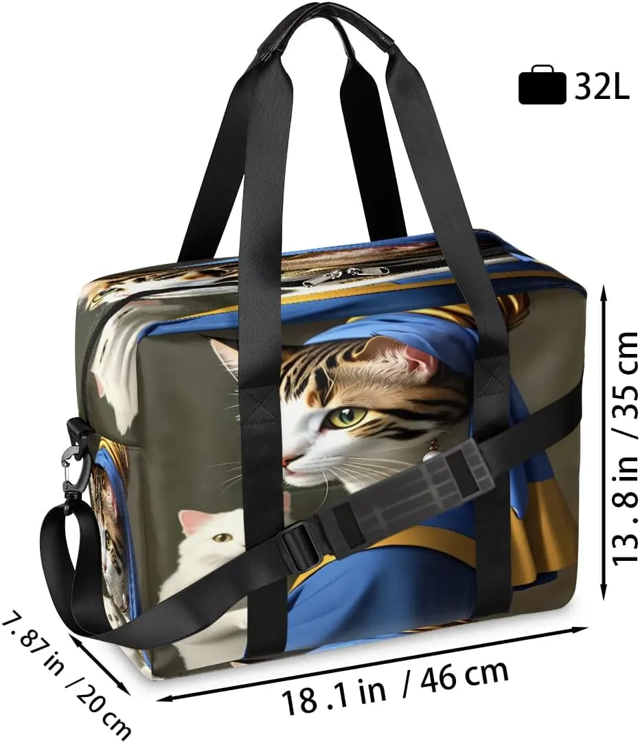 Funny Cat Girl Pearl Earring Womens Travel Bags, Weekender Carry on for Women, Sports Gym Bag, Workout Duffel bag, Overnight Shoulder Bag