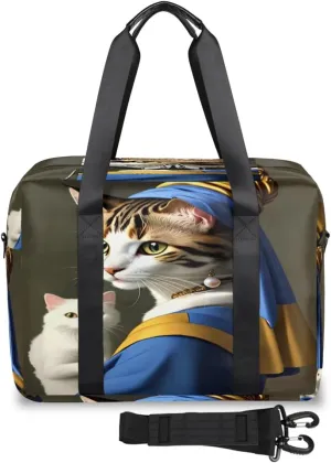 Funny Cat Girl Pearl Earring Womens Travel Bags, Weekender Carry on for Women, Sports Gym Bag, Workout Duffel bag, Overnight Shoulder Bag