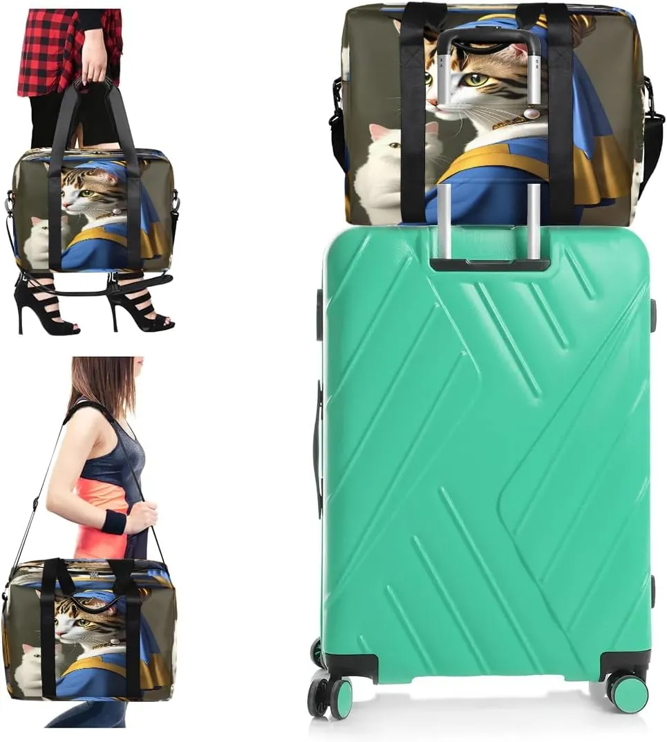 Funny Cat Girl Pearl Earring Womens Travel Bags, Weekender Carry on for Women, Sports Gym Bag, Workout Duffel bag, Overnight Shoulder Bag
