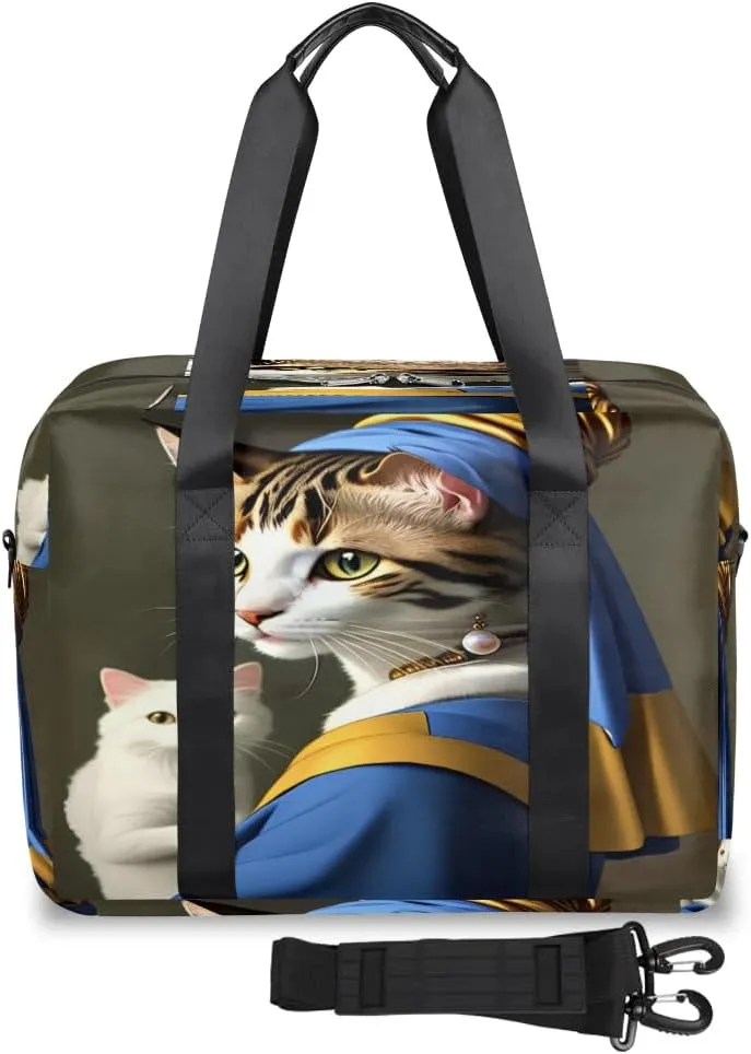Funny Cat Girl Pearl Earring Womens Travel Bags, Weekender Carry on for Women, Sports Gym Bag, Workout Duffel bag, Overnight Shoulder Bag