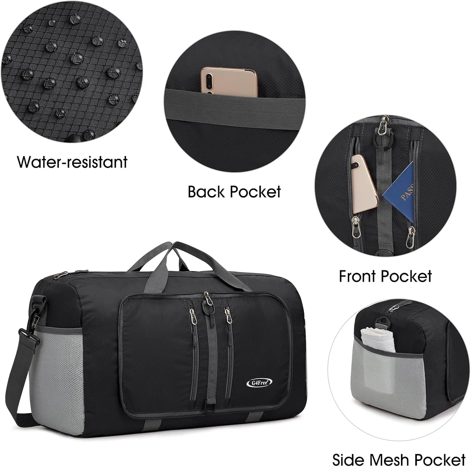 G4Free 40L/65L Foldable Duffel Bag, Water-Repellent Travel Backpack, Lightweight Carry Bag for Overnight Weekender Sports Men Women