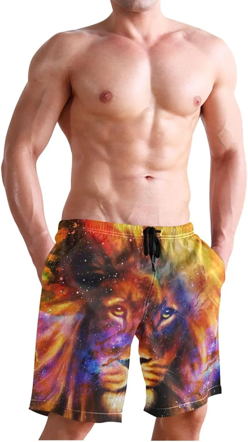 Galaxy Cosmic Space Lion Men's Swim Trunks Quick Dry Beach Shorts with Pockets and Mesh Lining