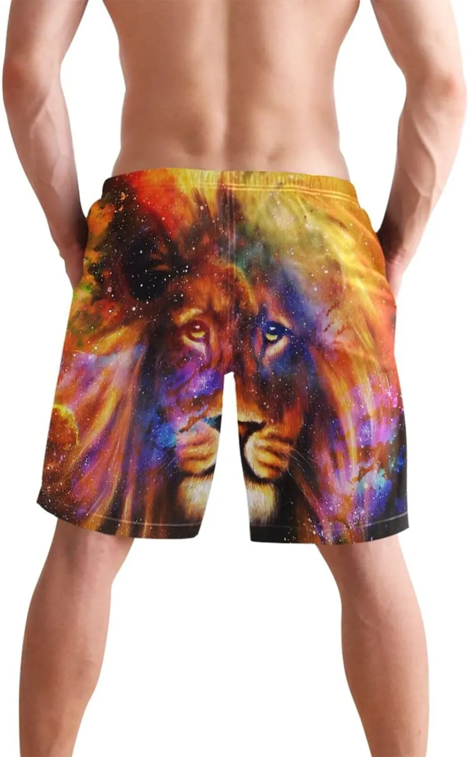 Galaxy Cosmic Space Lion Men's Swim Trunks Quick Dry Beach Shorts with Pockets and Mesh Lining