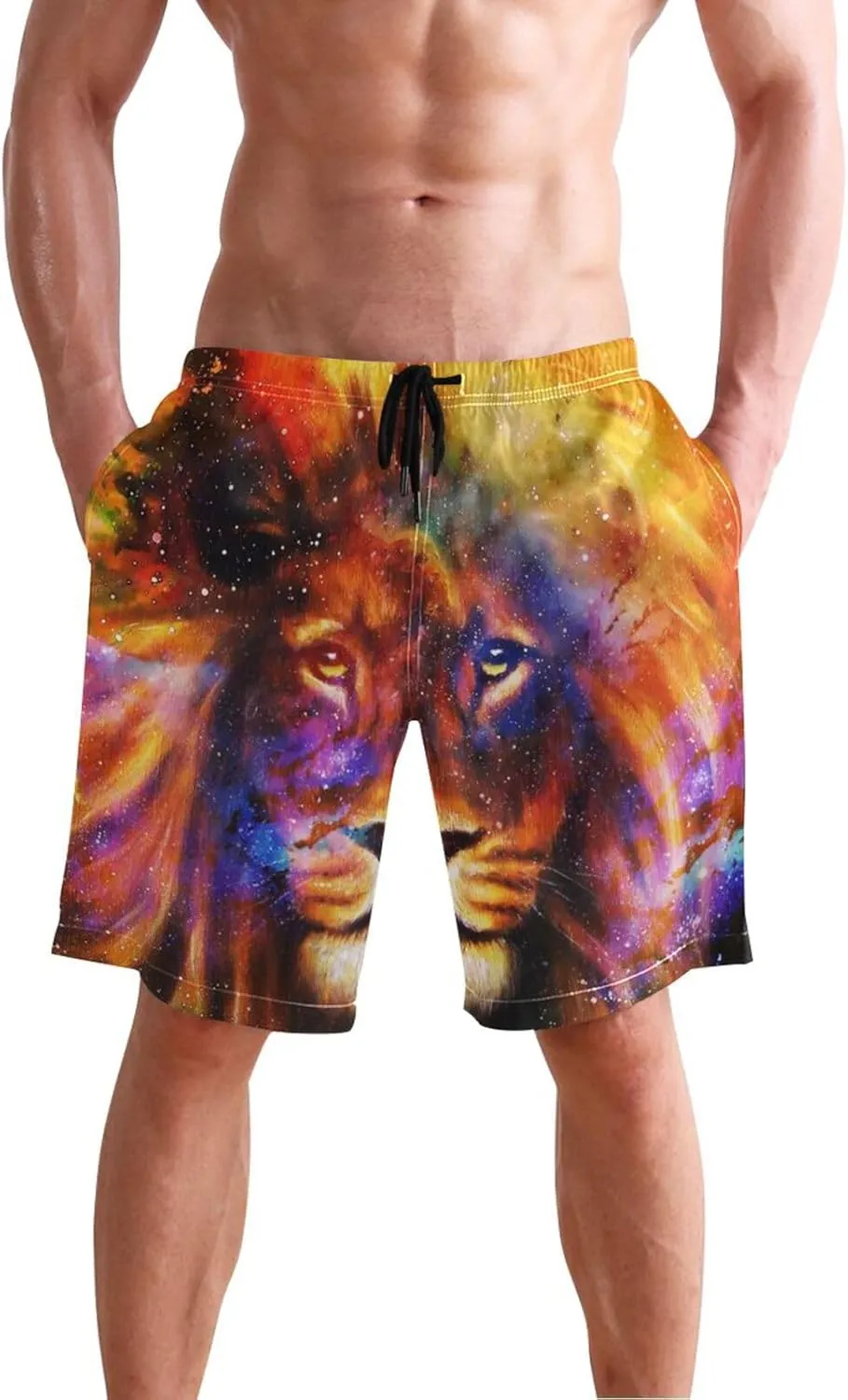 Galaxy Cosmic Space Lion Men's Swim Trunks Quick Dry Beach Shorts with Pockets and Mesh Lining