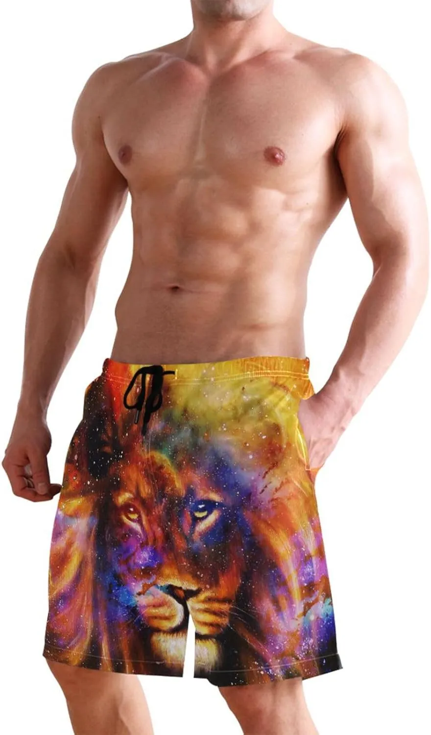 Galaxy Cosmic Space Lion Men's Swim Trunks Quick Dry Beach Shorts with Pockets and Mesh Lining
