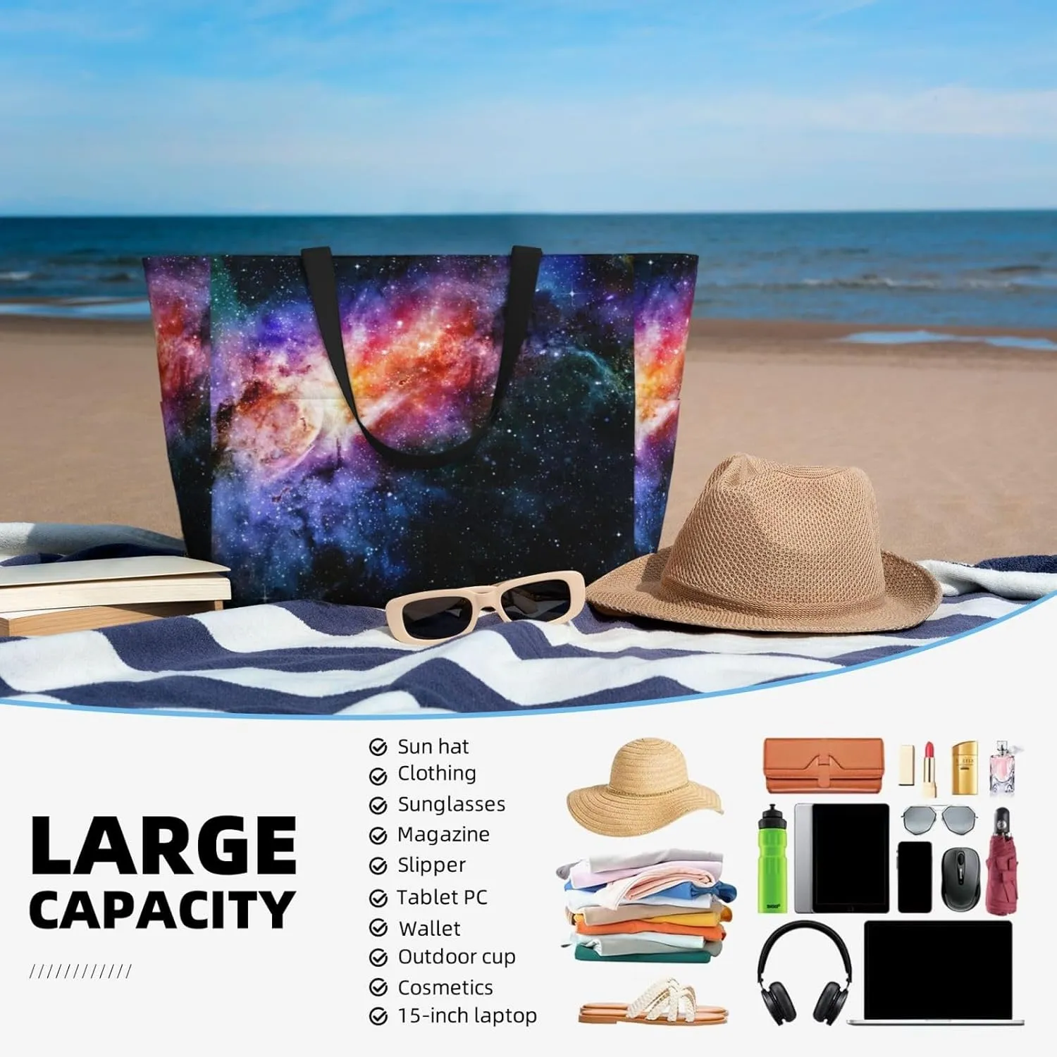 Galaxy In The Universe Extra Large Tote Bag For Women,Foldable Beach Bag With Pocket Weekender Travel Overnight Bag