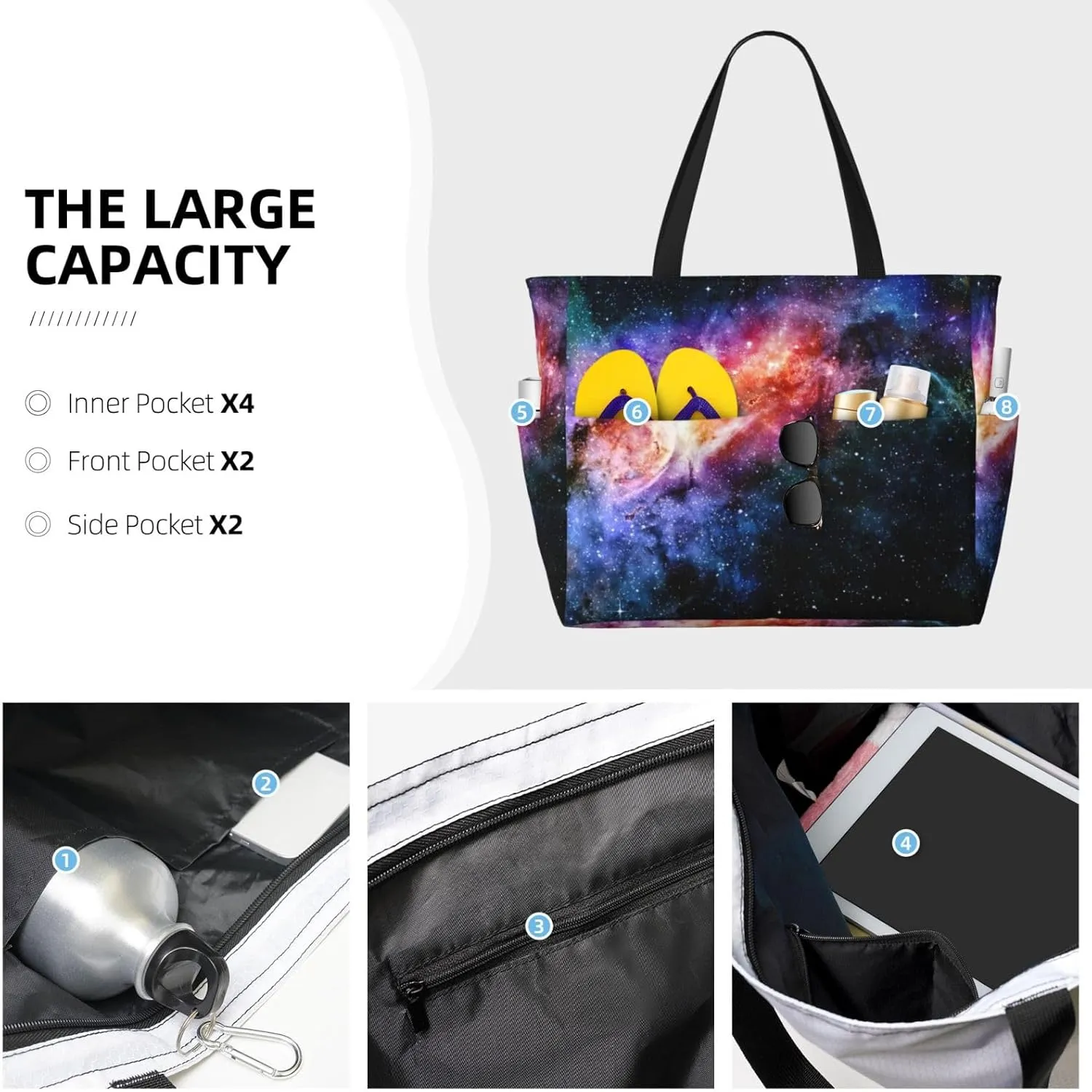 Galaxy In The Universe Extra Large Tote Bag For Women,Foldable Beach Bag With Pocket Weekender Travel Overnight Bag