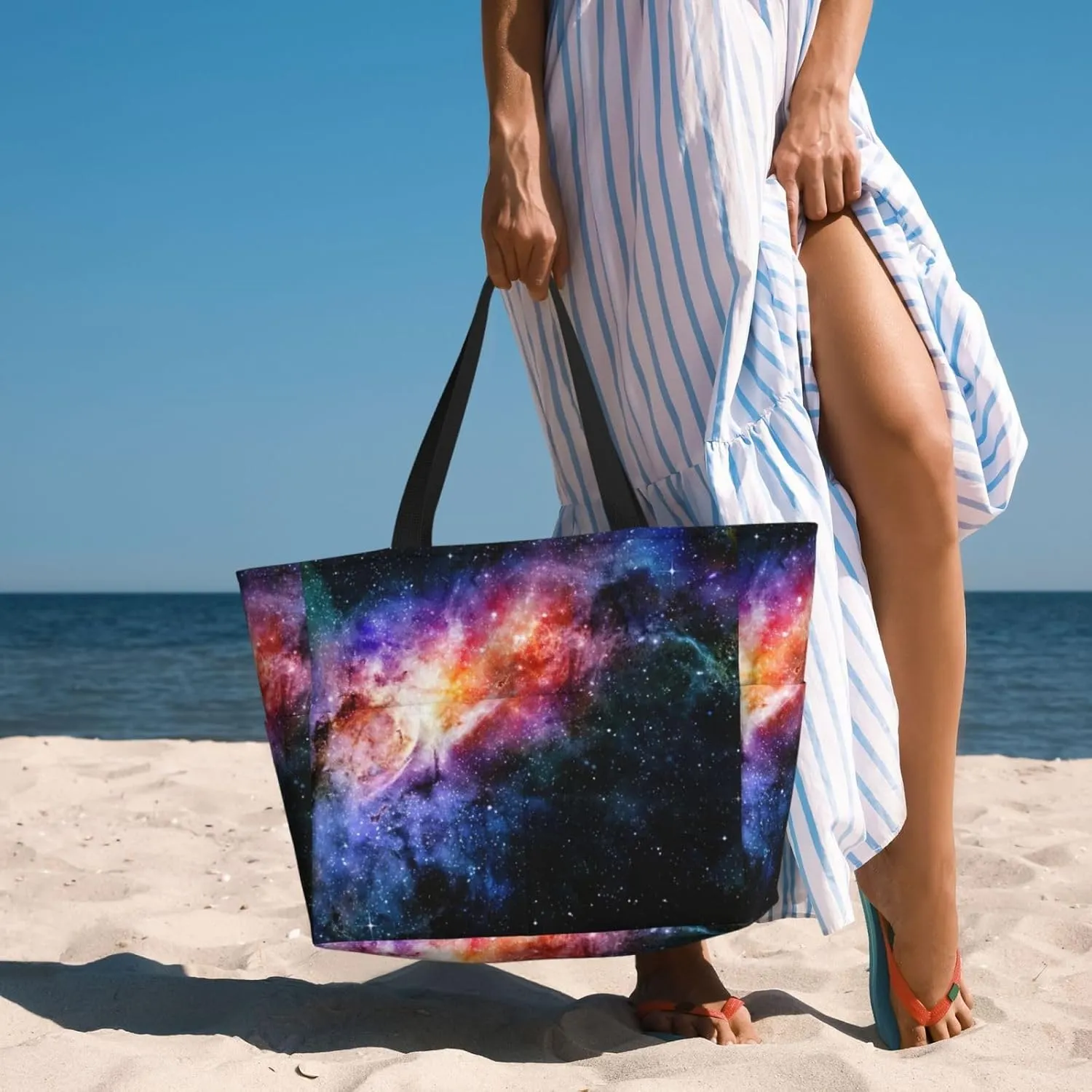 Galaxy In The Universe Extra Large Tote Bag For Women,Foldable Beach Bag With Pocket Weekender Travel Overnight Bag