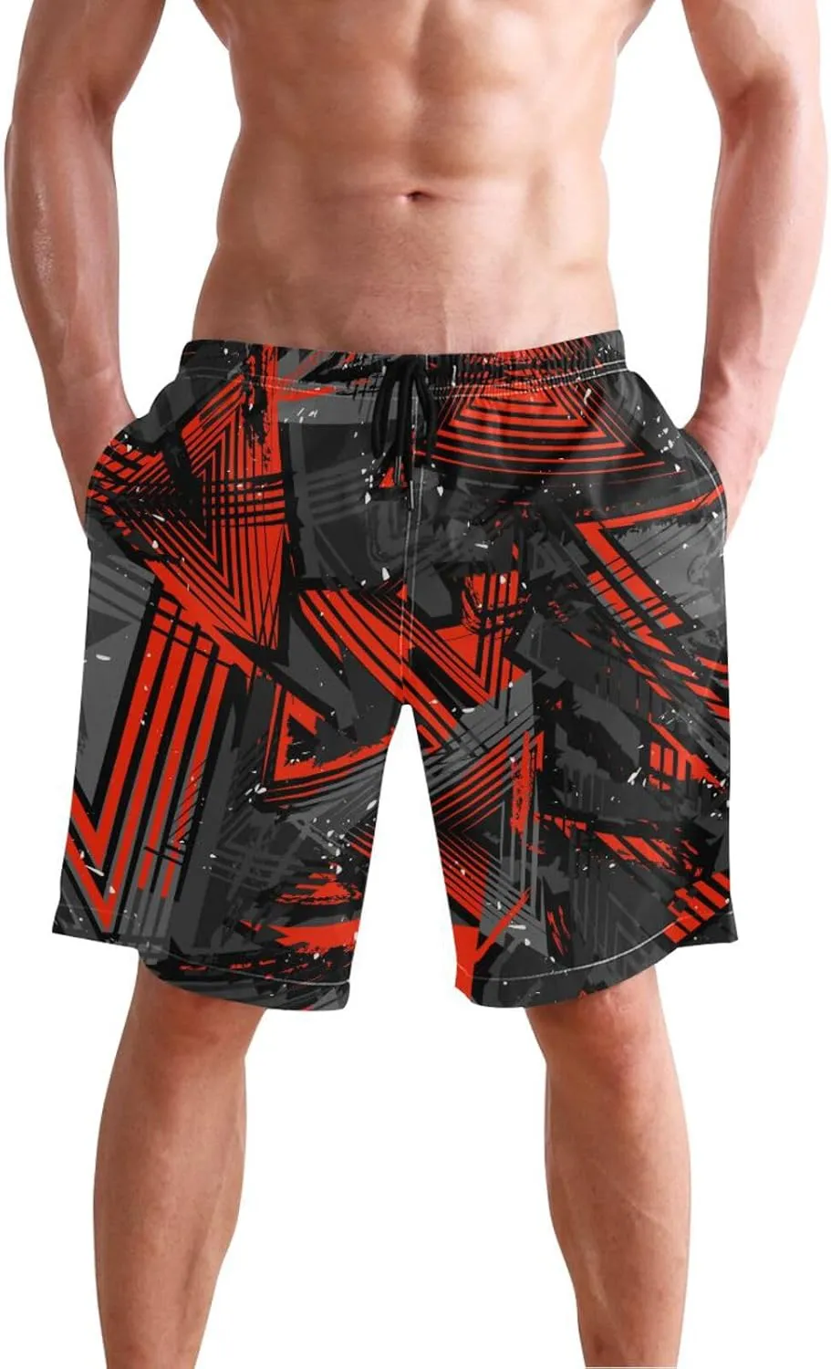 Garbage Red Men's Boy's Novelty Beach Shorts Grey Neon Lines Triangles Swim Trunks Summer Bathing Suits S