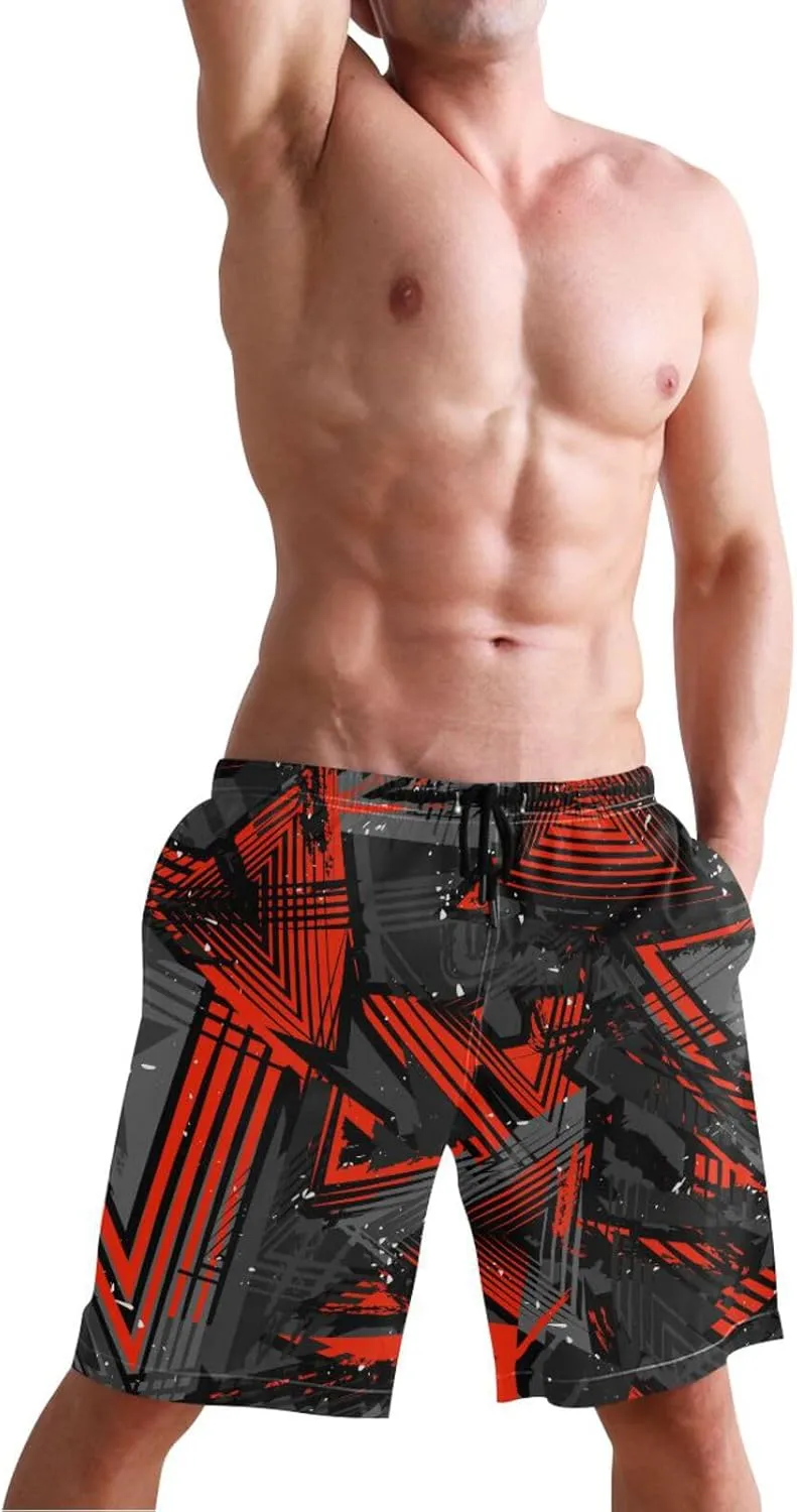 Garbage Red Men's Boy's Novelty Beach Shorts Grey Neon Lines Triangles Swim Trunks Summer Bathing Suits S