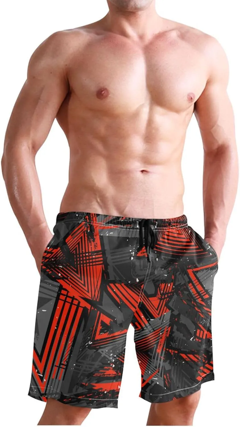 Garbage Red Men's Boy's Novelty Beach Shorts Grey Neon Lines Triangles Swim Trunks Summer Bathing Suits S