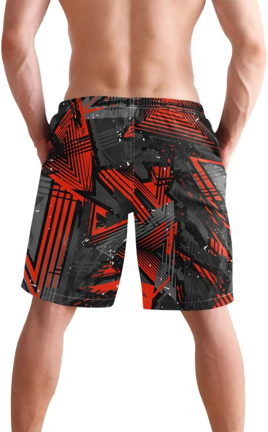 Garbage Red Men's Boy's Novelty Beach Shorts Grey Neon Lines Triangles Swim Trunks Summer Bathing Suits S