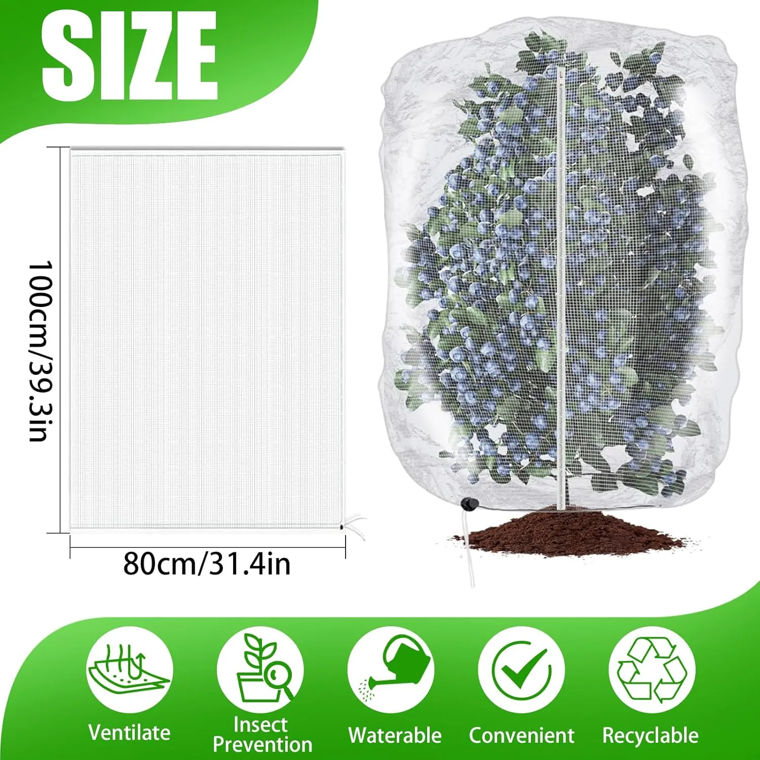Garden Mesh Netting, Plant Protection Netting with Zipper/Drawstring, Plants Cover Protection from Anti Birds, Bugs Eating for Blueberry Reusable Plant Cover Bags (2)