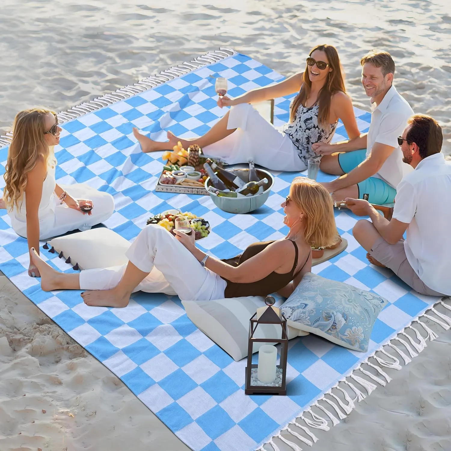 Giant Turkish Beach Blanket Pool Towel Thin Extra Large Sand Free Quick Dry Oversized Cruise Ship Essentials Summer Vacation Accessories Must Haves Gear Stuff Gadget Hawaii Women Gift Checkered Blue