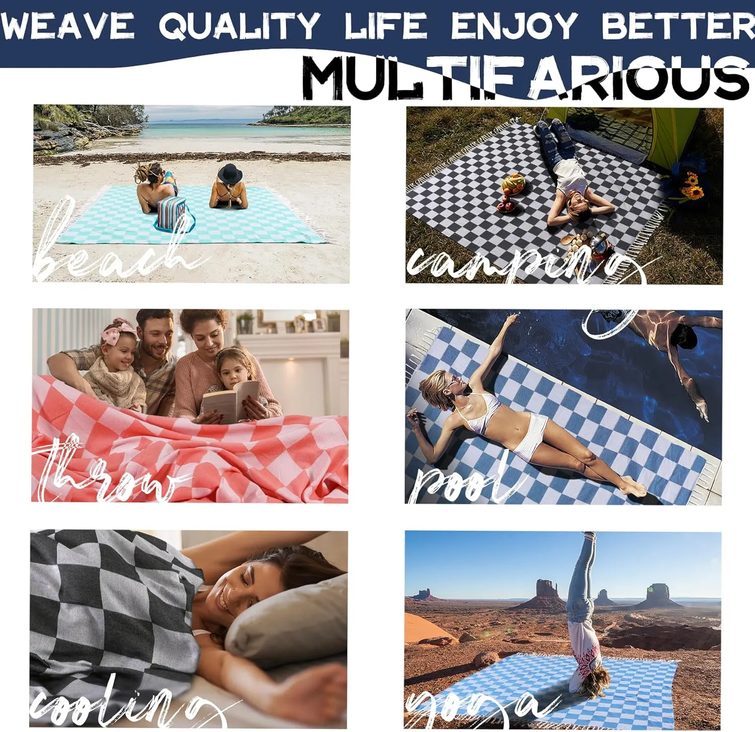 Giant Turkish Beach Blanket Pool Towel Thin Extra Large Sand Free Quick Dry Oversized Cruise Ship Essentials Summer Vacation Accessories Must Haves Gear Stuff Gadget Hawaii Women Gift Checkered Blue