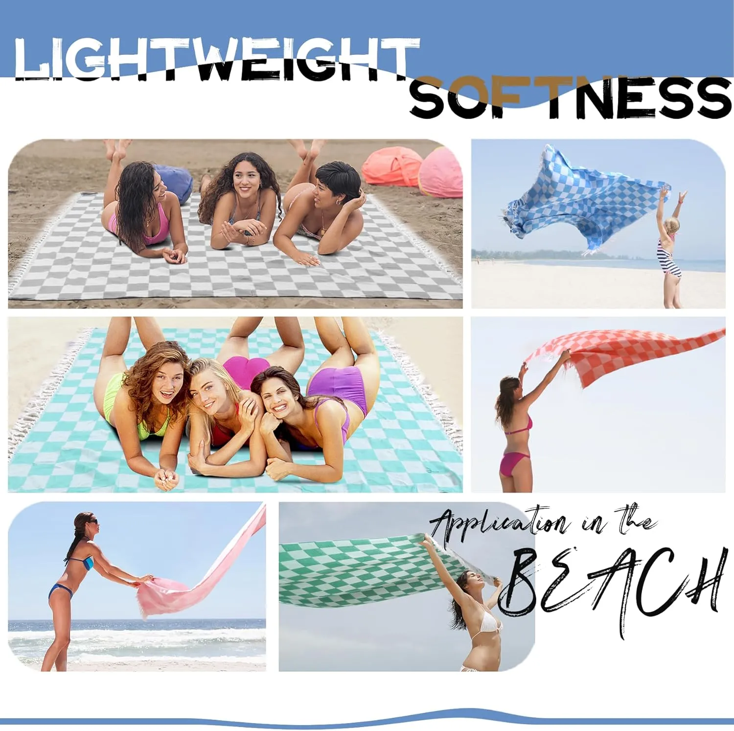 Giant Turkish Beach Blanket Pool Towel Thin Extra Large Sand Free Quick Dry Oversized Cruise Ship Essentials Summer Vacation Accessories Must Haves Gear Stuff Gadget Hawaii Women Gift Checkered Blue