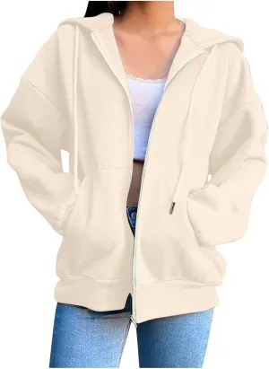 GIERIDUC Women's Zip Up Oversized Sweatshirts Fleece Jacket Coat Long Sleeve Casual Hoodies Fall Teen Girls Preppy Clothes