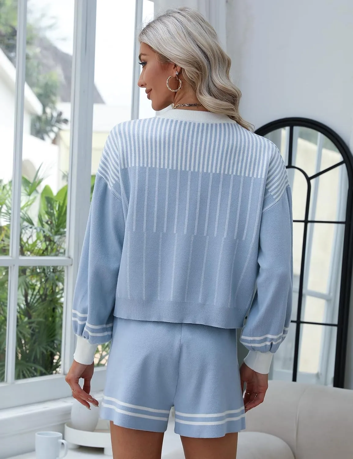 Gihuo Women' s Striped 2 Piece Outfits Crewneck Knit Pullover Sweater Shorts Set Wide Leg Matching Set Loungewear
