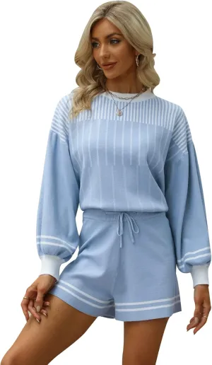 Gihuo Women' s Striped 2 Piece Outfits Crewneck Knit Pullover Sweater Shorts Set Wide Leg Matching Set Loungewear