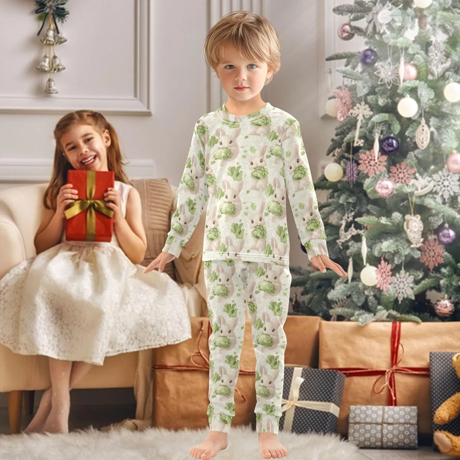Girls Boys two-piece Set Green Cabbage Rabbit Outfit for Kids Long Sleeve Top and Long Pants 18M-8Y