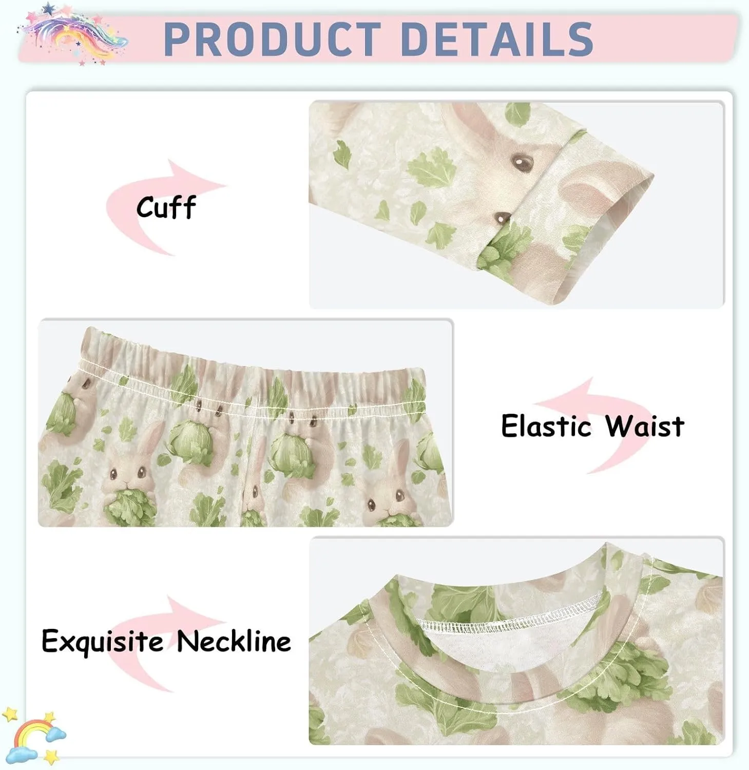 Girls Boys two-piece Set Green Cabbage Rabbit Outfit for Kids Long Sleeve Top and Long Pants 18M-8Y