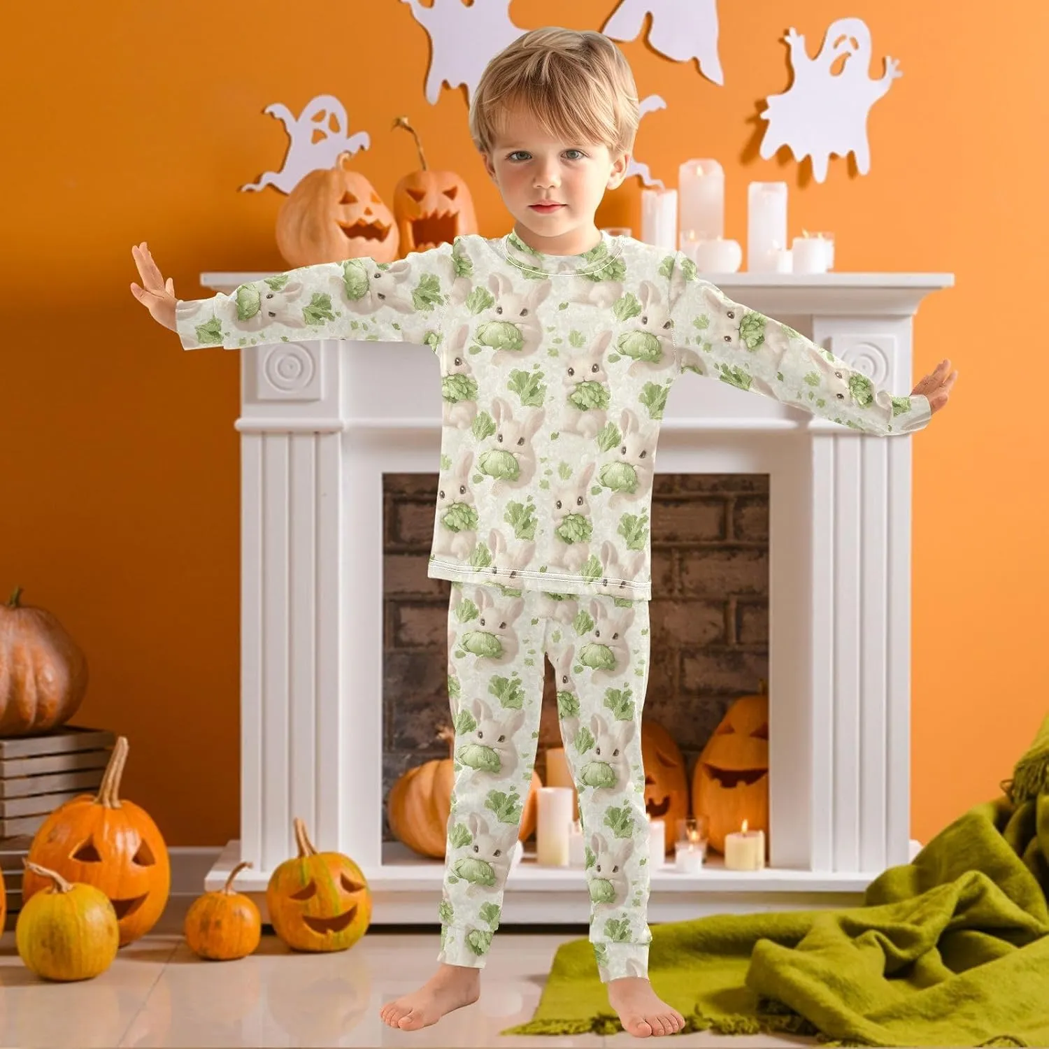 Girls Boys two-piece Set Green Cabbage Rabbit Outfit for Kids Long Sleeve Top and Long Pants 18M-8Y