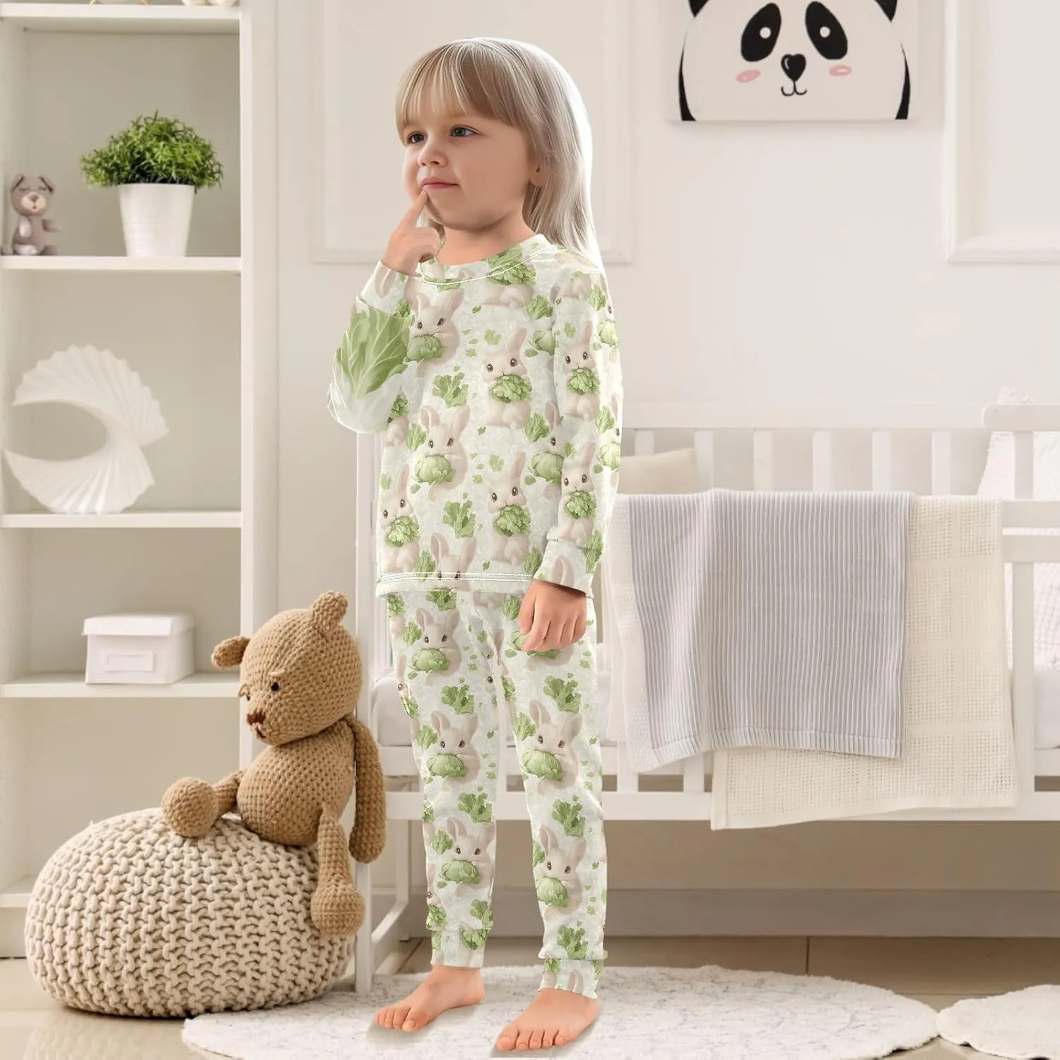 Girls Boys two-piece Set Green Cabbage Rabbit Outfit for Kids Long Sleeve Top and Long Pants 18M-8Y
