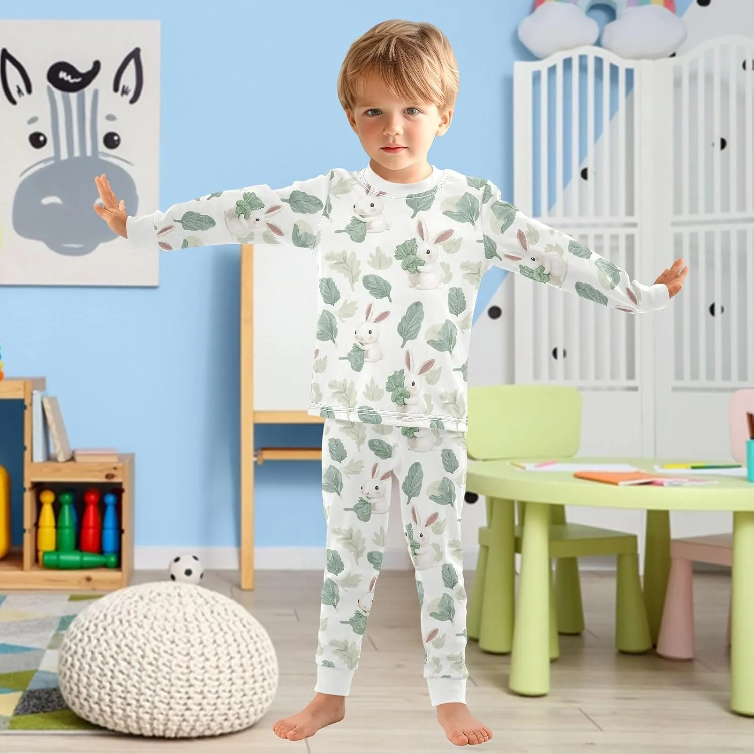 Girls Boys two-piece Set Leaf Cabbage Rabbit Outfit for Kids Long Sleeve Top and Long Pants 18M-8Y
