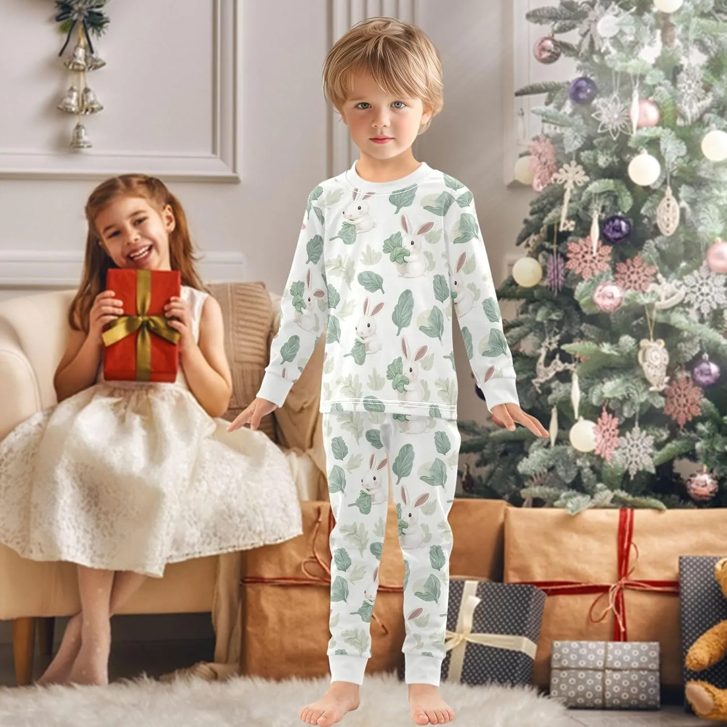 Girls Boys two-piece Set Leaf Cabbage Rabbit Outfit for Kids Long Sleeve Top and Long Pants 18M-8Y