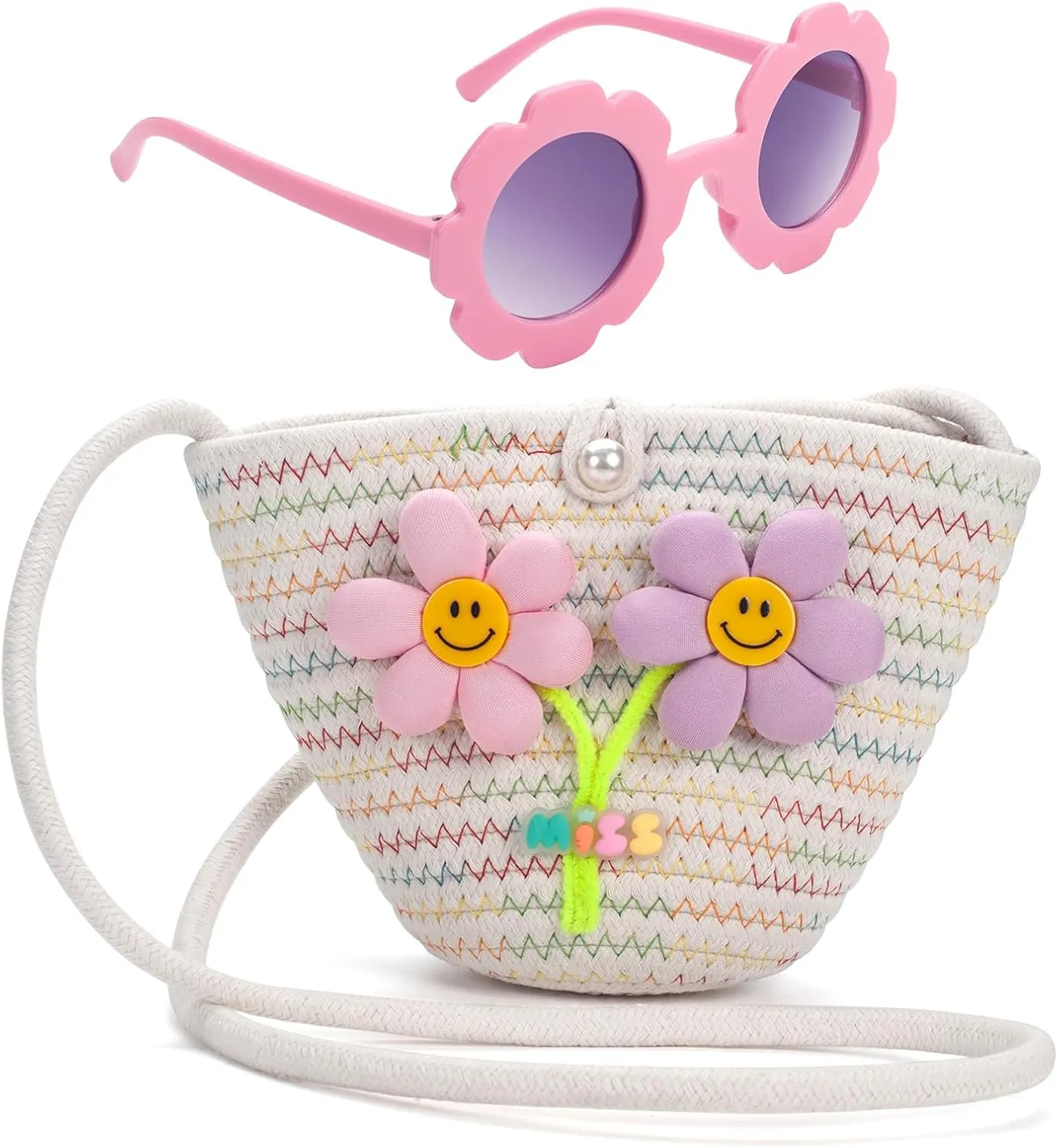Girls Purse for Toddlers Age 1-14, Flower Kids Purses for Girls, White Toddler Woven Purse, Princess Wallet with Glasses, Kids Crossbody Bag Gift for Christmas, Birthday