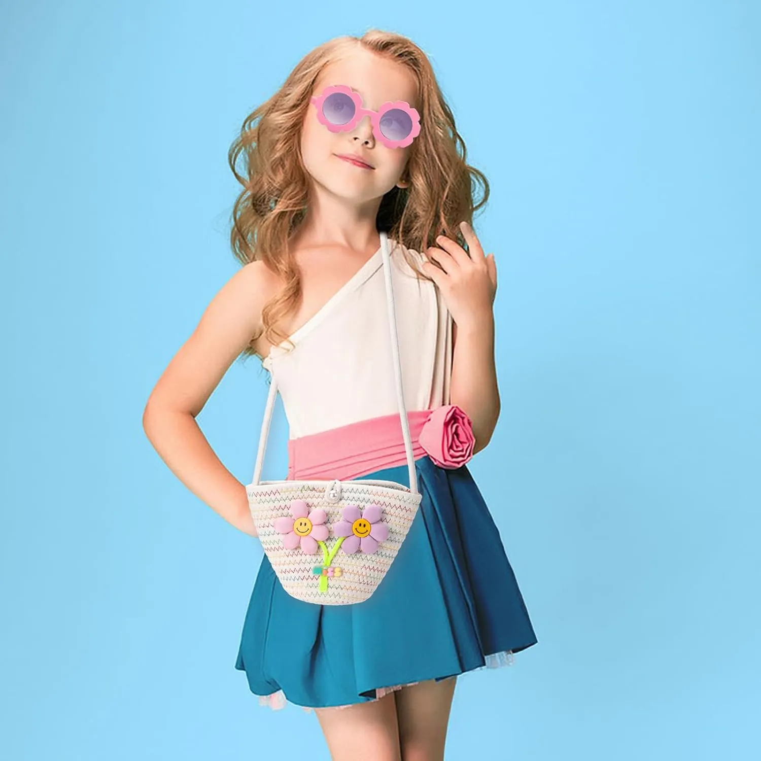 Girls Purse for Toddlers Age 1-14, Flower Kids Purses for Girls, White Toddler Woven Purse, Princess Wallet with Glasses, Kids Crossbody Bag Gift for Christmas, Birthday