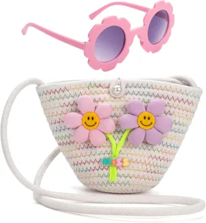 Girls Purse for Toddlers Age 1-14, Flower Kids Purses for Girls, White Toddler Woven Purse, Princess Wallet with Glasses, Kids Crossbody Bag Gift for Christmas, Birthday