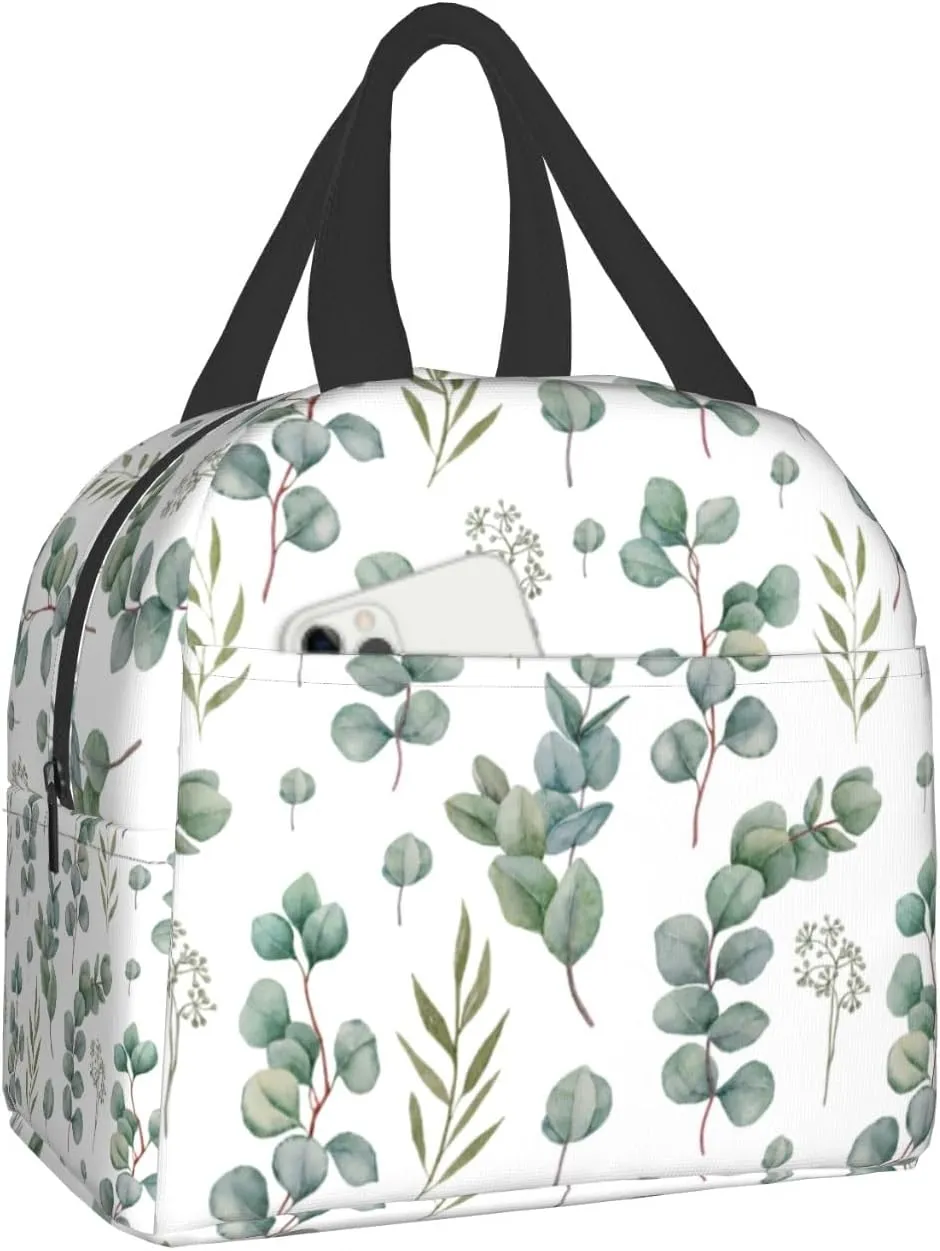 Giwawa Eucalyptus Leaves Lunch Bag Green Leaf Insulated Durable Handbag Portable Cooler Organizer Lunch Box for Work Office Travel Picnic