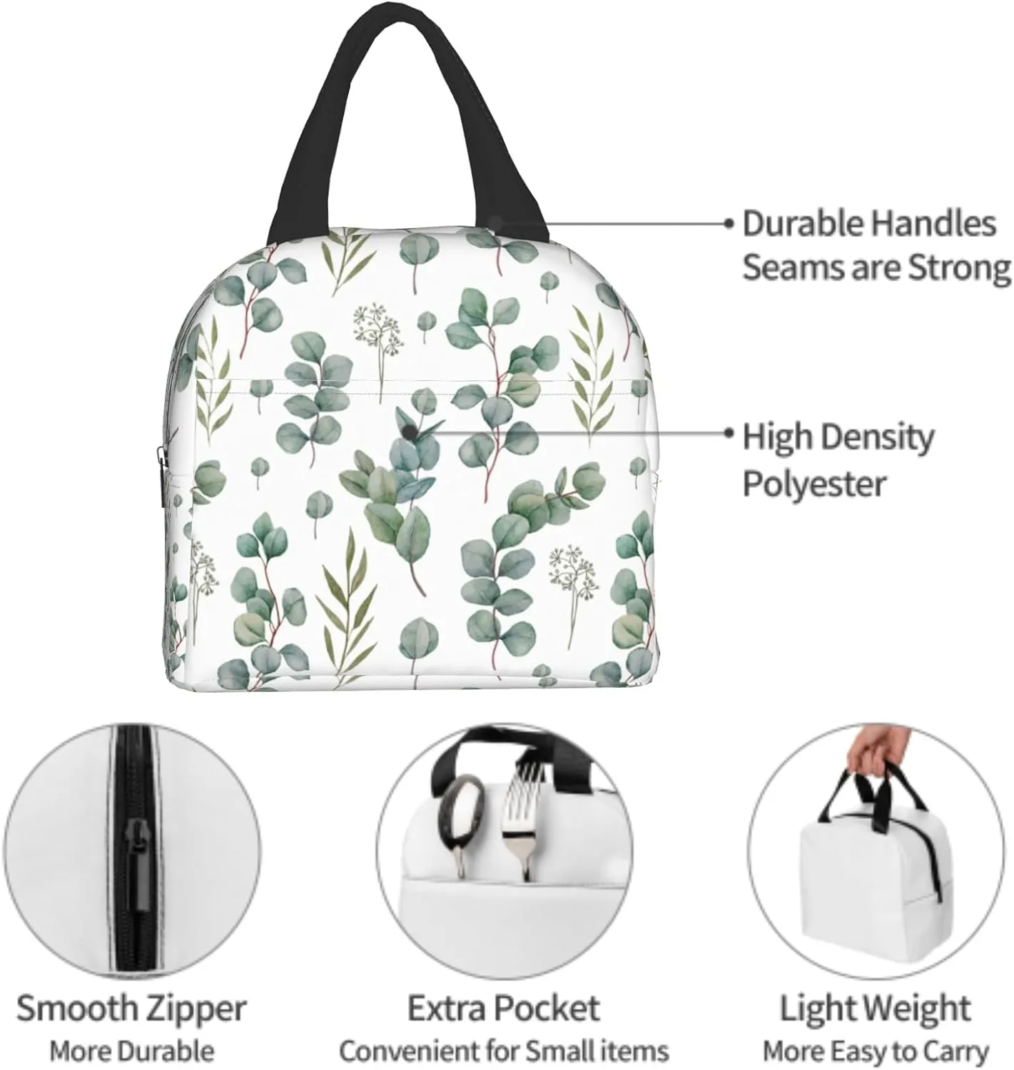 Giwawa Eucalyptus Leaves Lunch Bag Green Leaf Insulated Durable Handbag Portable Cooler Organizer Lunch Box for Work Office Travel Picnic