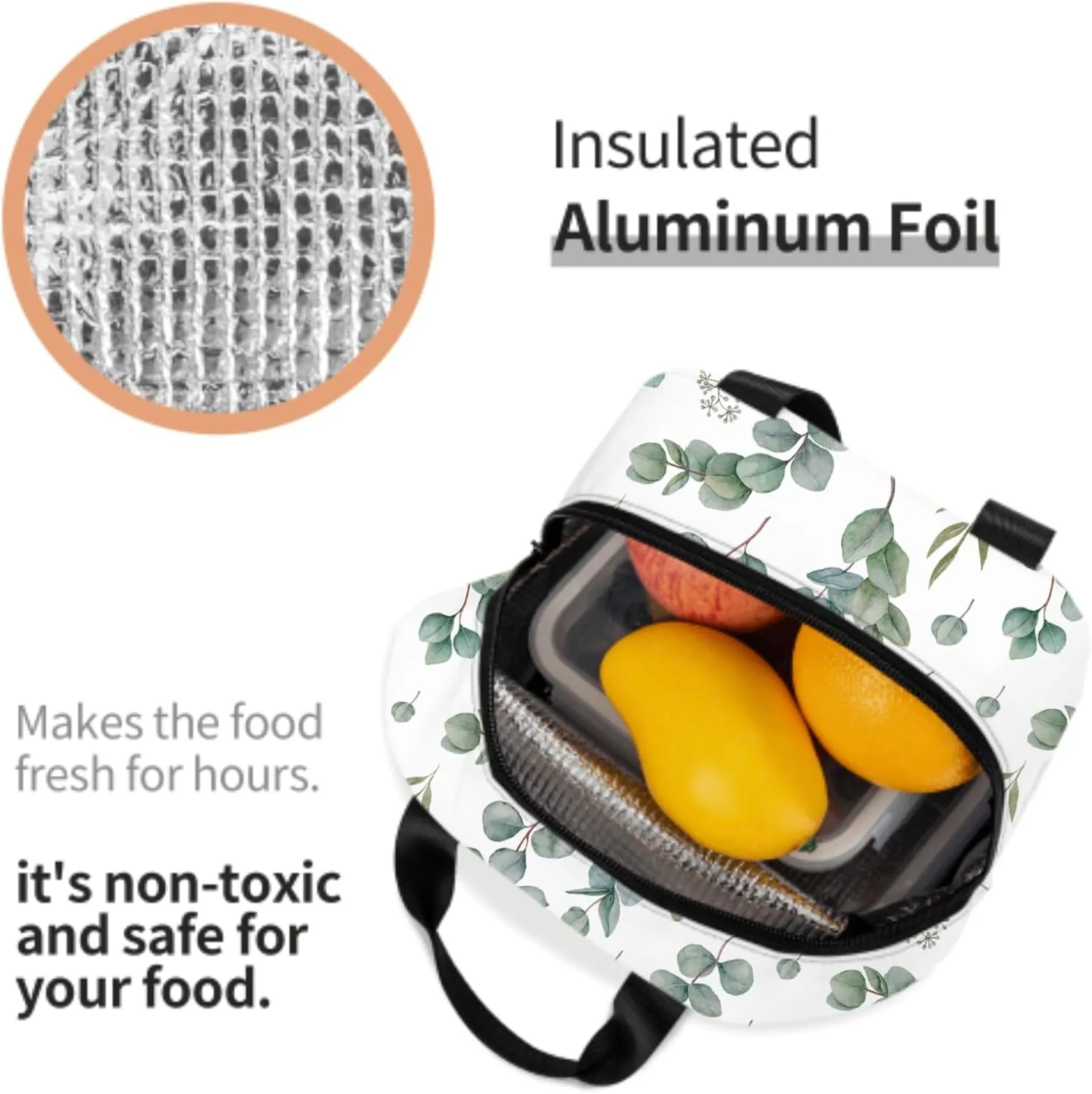 Giwawa Eucalyptus Leaves Lunch Bag Green Leaf Insulated Durable Handbag Portable Cooler Organizer Lunch Box for Work Office Travel Picnic