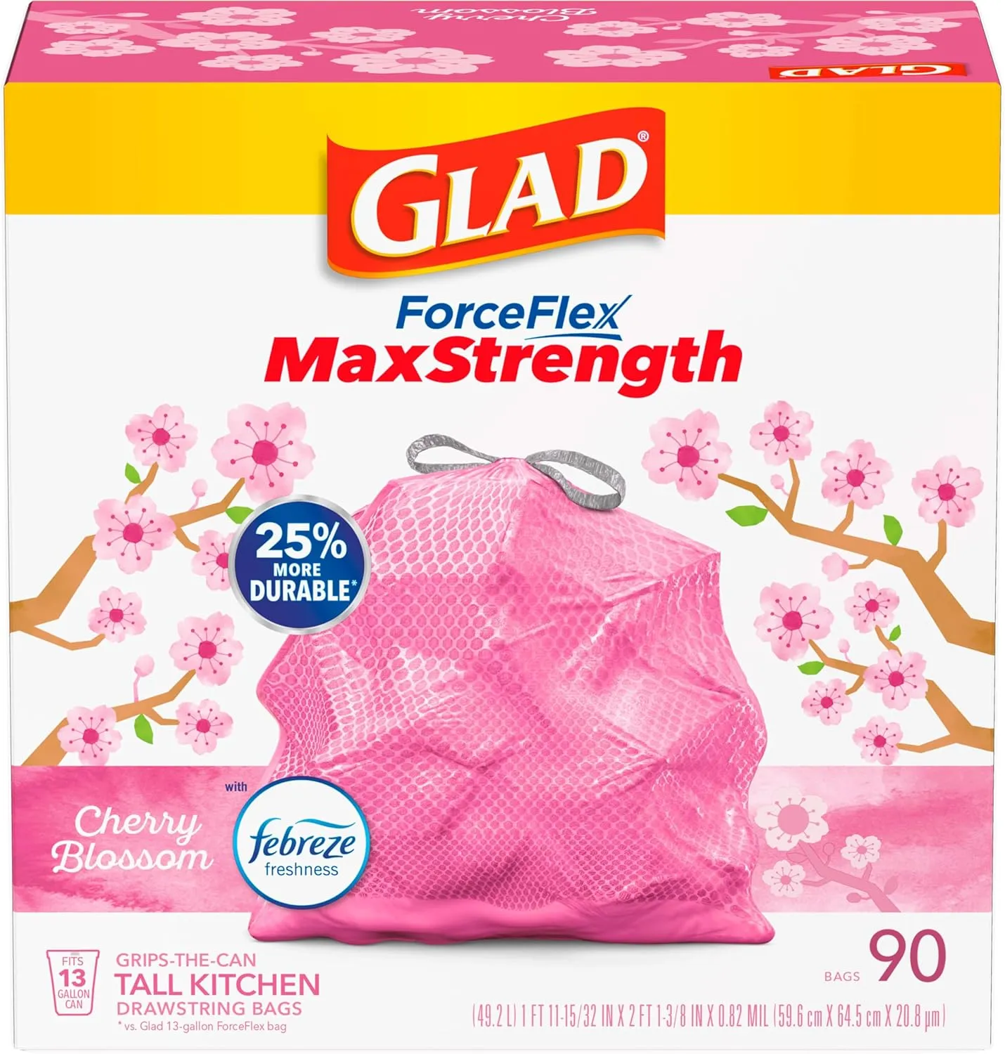 Glad ForceFlex MaxStrength Tall Kitchen Drawstring Trash Bags, 13 Gal, 90 Ct (Package May Vary)