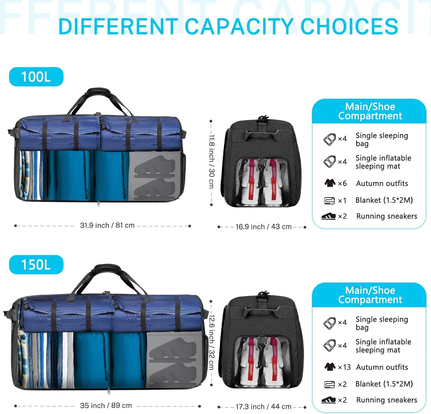 Gonex 40L 60L 80L 100L 150L Large Foldable Travel Duffle Bag with Shoes Compartment, Packable Lightweight Water Repellent Duffel Bag for Camping Gym Weekender Bag