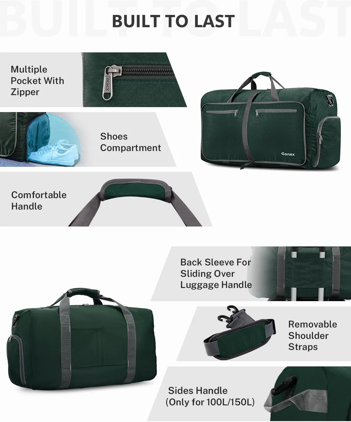 Gonex 40L 60L 80L 100L 150L Large Foldable Travel Duffle Bag with Shoes Compartment, Packable Lightweight Water Repellent Duffel Bag for Camping Gym Weekender Bag