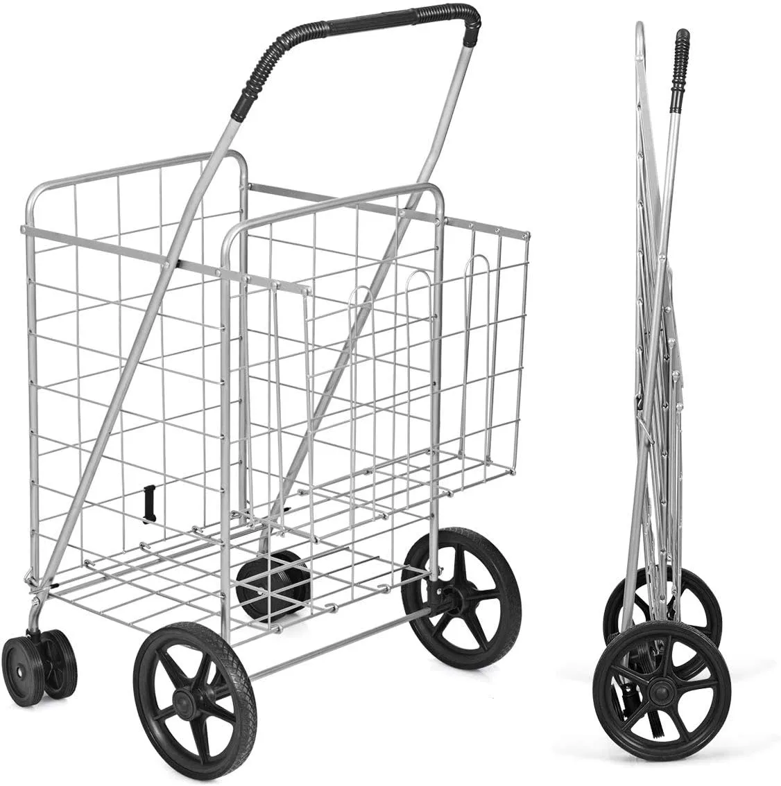 Goplus Jumbo Folding Shopping Cart with Rolling Swivel Wheels, Foldable Grocery Cart on Wheels with Double Basket, Heavy Duty Utility Cart, Shopping Carts for Groceries Laundry Book Luggage Travel
