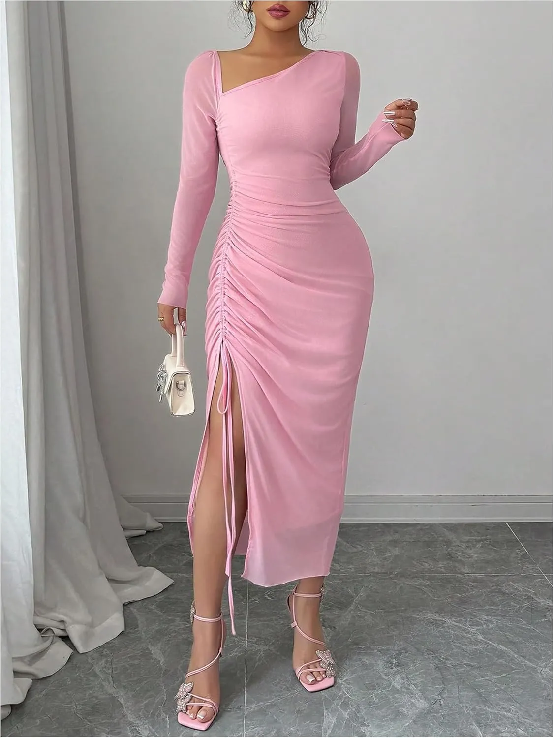 GORGLITTER Women's Drawstring Ruched Split Thigh Mesh Dress Asymmetrical Neck Maxi Dresses