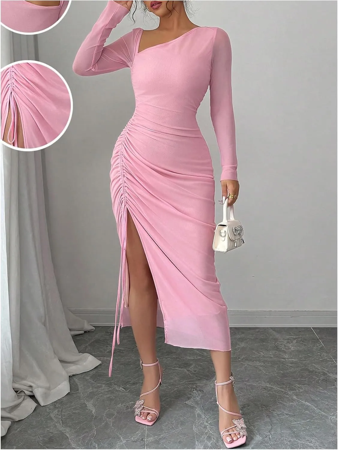 GORGLITTER Women's Drawstring Ruched Split Thigh Mesh Dress Asymmetrical Neck Maxi Dresses